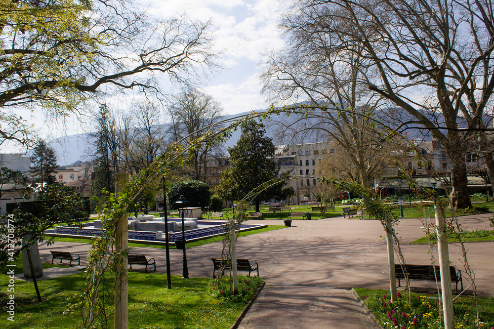 green city park in spring Aix les bains town Savoie french alpes mountains region Europe