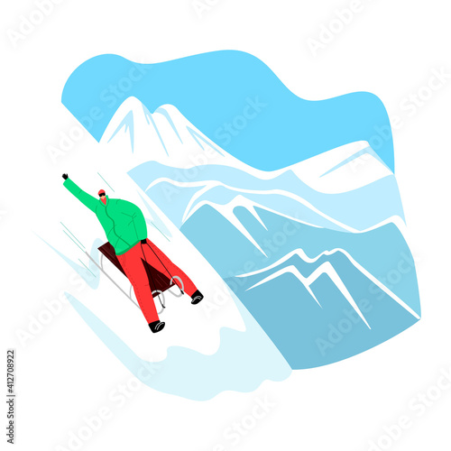 image with character rolling down slope on sled