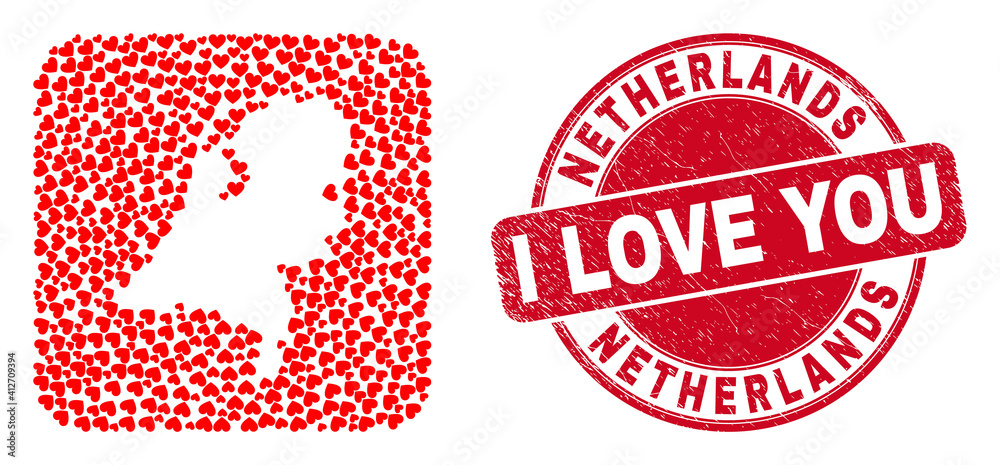 Vector collage Netherlands map of love heart elements and grunge love seal stamp. Collage geographic Netherlands map constructed as hole from rounded square shape with lovely hearts. Vector collage Netherlands map of love heart elements and grunge love seal stamp. Collage geographic Netherlands map constructed as hole from rounded square shape with lovely hearts.