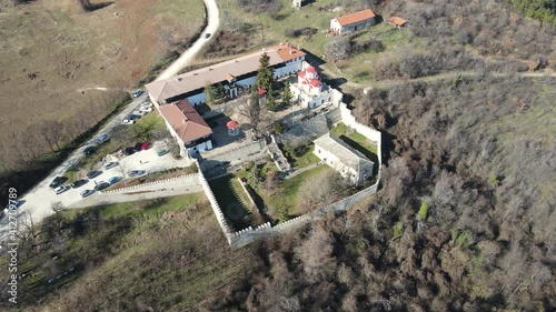 Aerial view of Medieval Kuklen Monastery dedicated to Saints Cosmas and Damyan, Plovdiv Region, Bulgaria photo