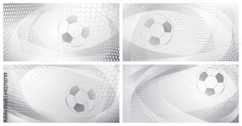 Set of four football or soccer backgrounds with big ball in gray colors