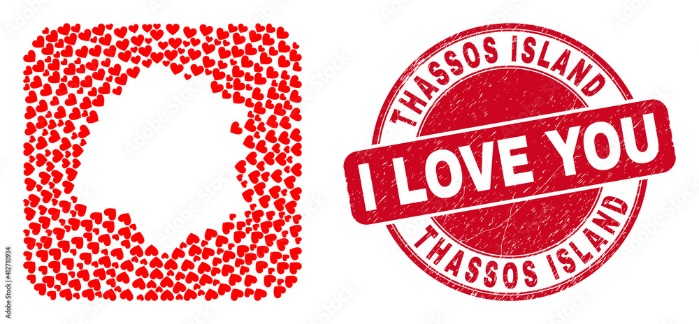 Vector collage Thassos Island map of love heart items and grunge love badge. Collage geographic Thassos Island map constructed as carved shape from rounded square shape with love hearts. Vector collage Thassos Island map of love heart items and grunge love badge. Collage geographic Thassos Island map constructed as carved shape from rounded square shape with love hearts.