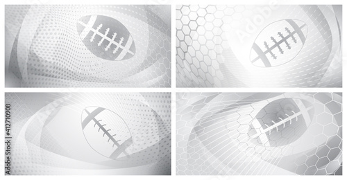 Set of four rugby backgrounds with big ball in gray colors