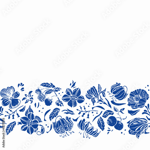 Elegant Classic Porcelain Blue Floral Border. Seamless Vector Floral Background. Classic Vintage Hand Drawn Floral Design. Blue Cutout Florals on White Background. Vintage KItchen, Stationery, Home
