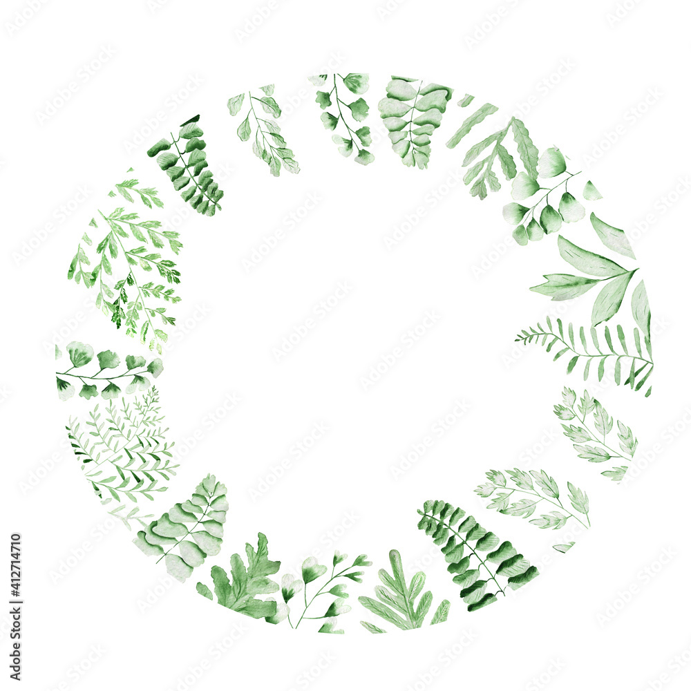 Greeting frames and wreaths. Watercolor greenery. Texture of the grass. Green twigs and leaves. Greeting frames and wreaths. Watercolor greenery. Texture of the grass. Green twigs and leaves.