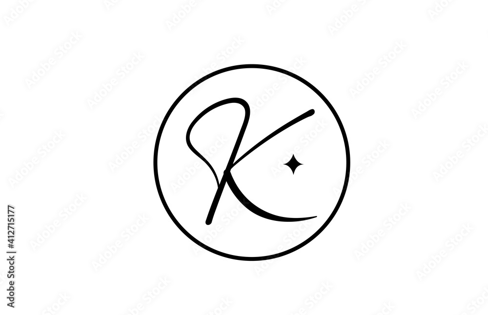 K alphabet letter logo for business with star and circle. Simple elegant lettering for company. Corporate identity branding icon design in white and black K alphabet letter logo for business with star and circle. Simple elegant lettering for company. Corporate identity branding icon design in white and black