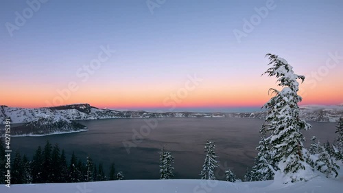 Creater Lake National Park at sunset  with winter snow  photo