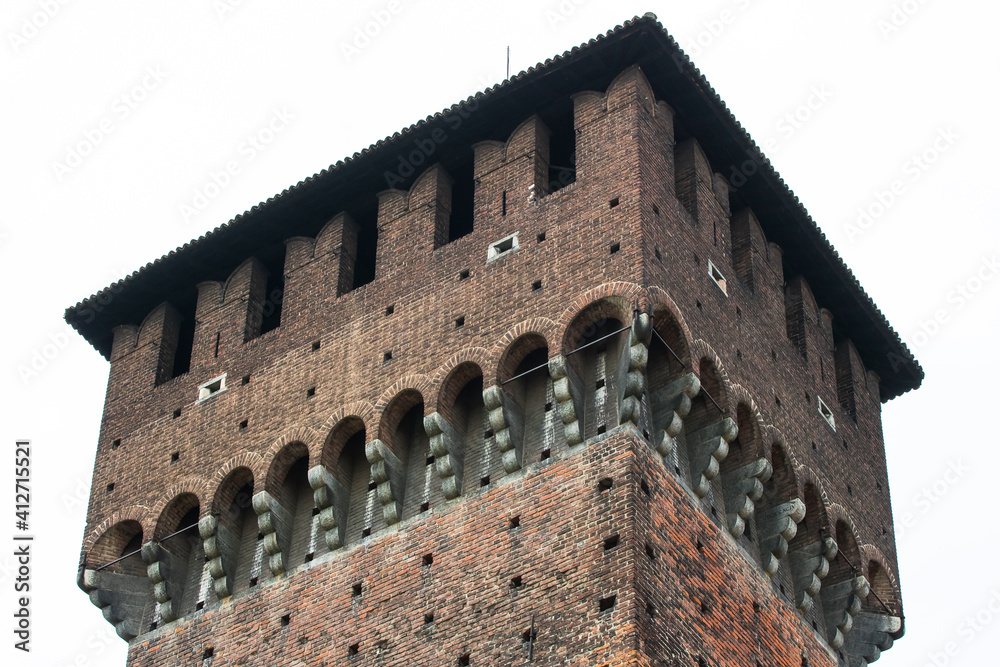 Elements of the architecture of the ancient Castle of Sforza in Milan Italy. 
