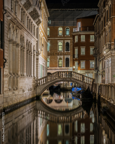 Elegant Venetian buildings reflecting in a canal near Bacino Orseolo, Venice, Italy