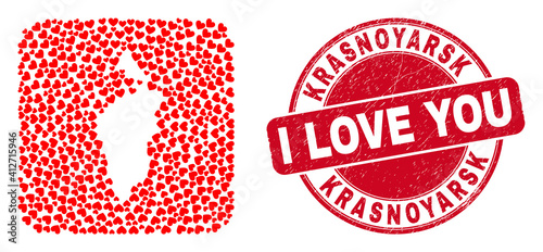 Vector mosaic Krasnoyarskiy Kray map of valentine heart items and grunge love seal. Mosaic geographic Krasnoyarskiy Kray map designed as subtraction from rounded square with lovely hearts.
