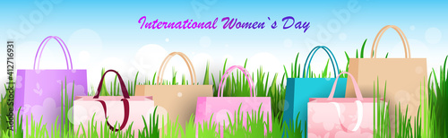 womens day 8 march holiday celebration sale banner flyer or greeting card with shopping bags in grass lawn horizontal vector illustration