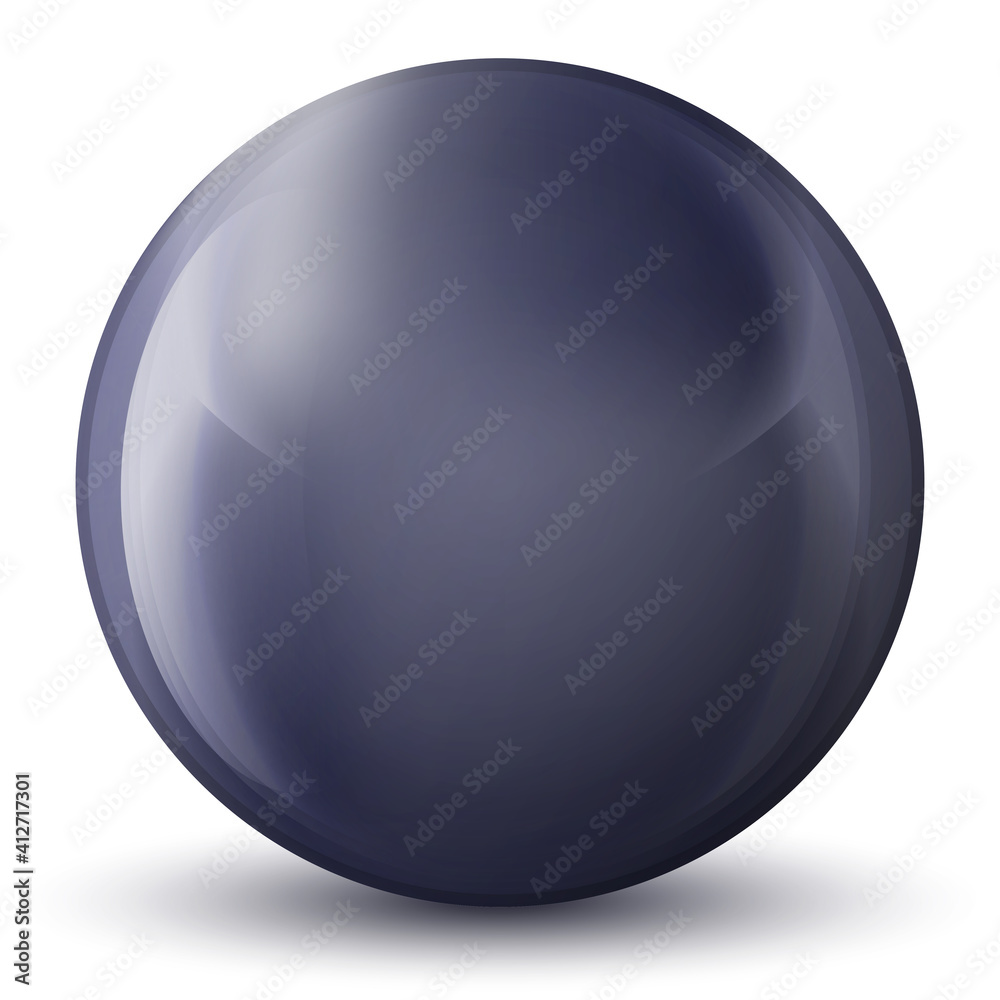 Glass purple ball or precious pearl. Glossy realistic ball, 3D abstract vector illustration highlighted on a white background. Big metal bubble with shadow.