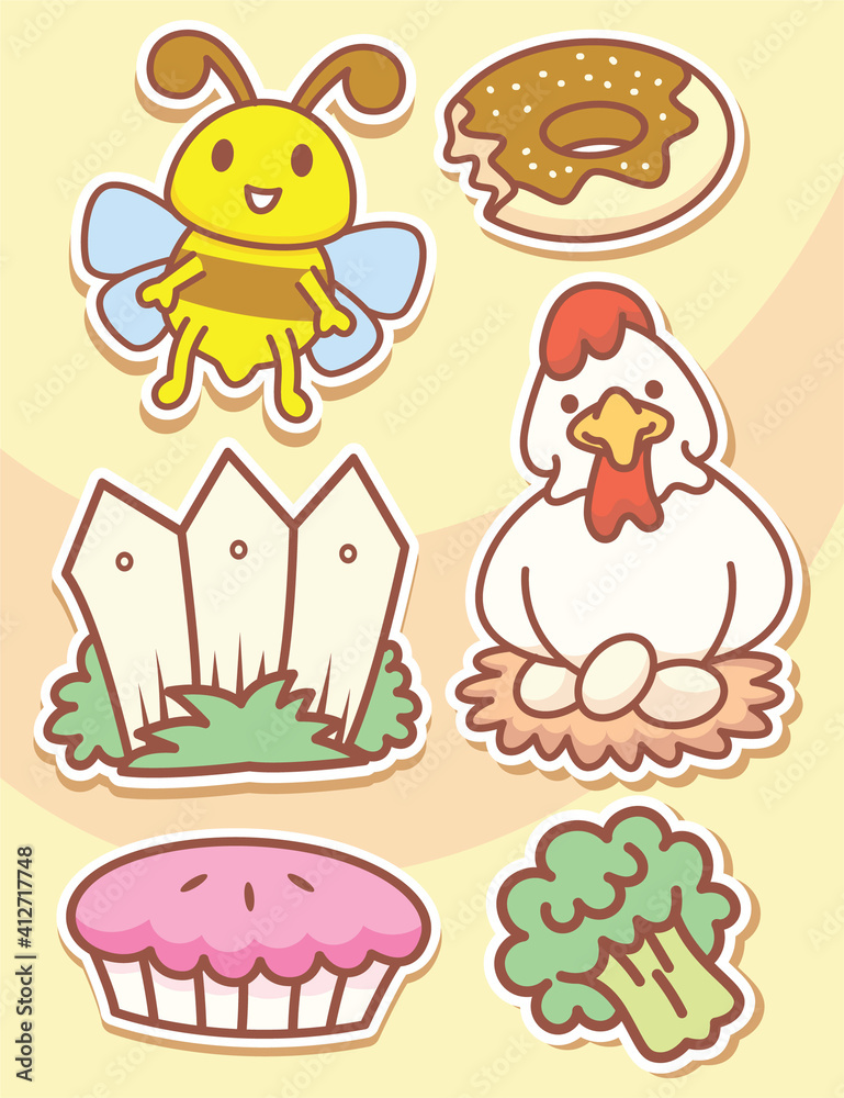Cute hand drawn chicken and daily objects cartoon stickers Cute hand drawn chicken and daily objects cartoon stickers