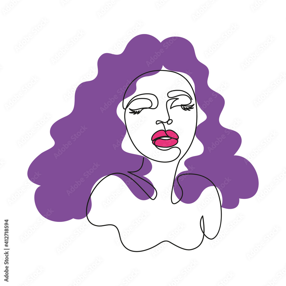 Continuous line hand-drawn face of sensual woman framed by hair silhouette. Vector illustration, сontemporary female portrait, poster, minimalistic concept, abstract art,  logo, label