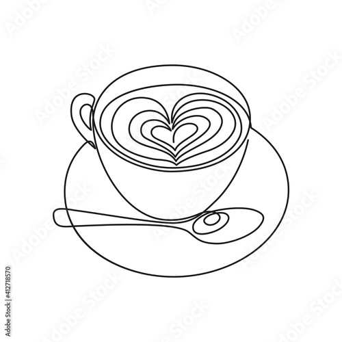 A cup of cappuccino coffee, latte on a saucer with a spoon. Coffee art. Continuous line. Vector illustration in modern trendy line art style, poster, logo, icon for coffee shop, restaurant
