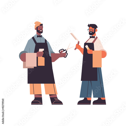 mix race professional male barbers in uniform standing together trendy haircut barbershop concept hipsters with scissors and razor in hands full length isolated vector illustration