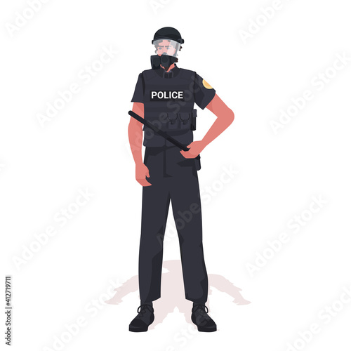 policeman in full tactical gear riot police officer holding baton protesters and demonstration riots mass control concept full length vector illustration