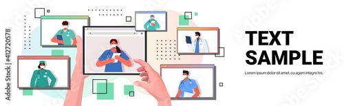 patient discussing with mix race doctors in web browser windows during video call online medical consultation coronavirus quarantine self isolation concept copy space portrait horizontal vector