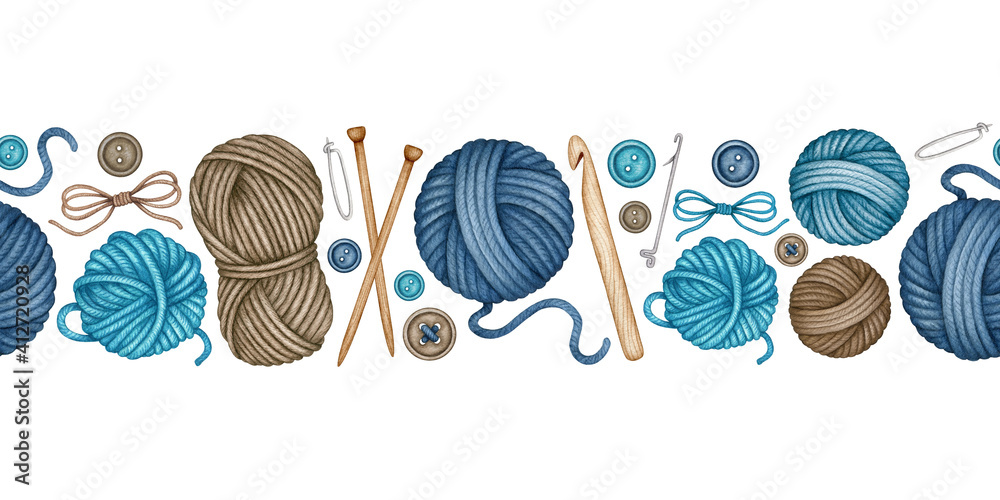 Watercolor pattern knitting tools seamless, repeating pattern. Wooden  knitting needles, crochet hook, skeins of woolen yarn, button, pin,  scissors. De Stock Photo - Alamy