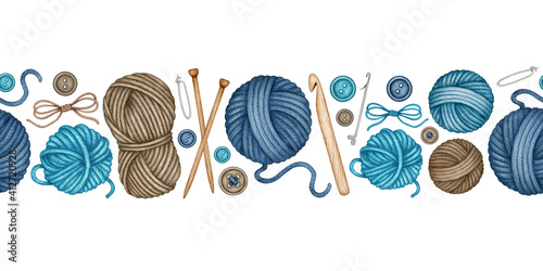 Watercolor Knitting and Crocheting tools seamless pattern. Wooden Knitting needles, Crochet Hook, Wool Yarn Skeins, Balls, Button. Hand drawn set, clipart border. Design elements isolated