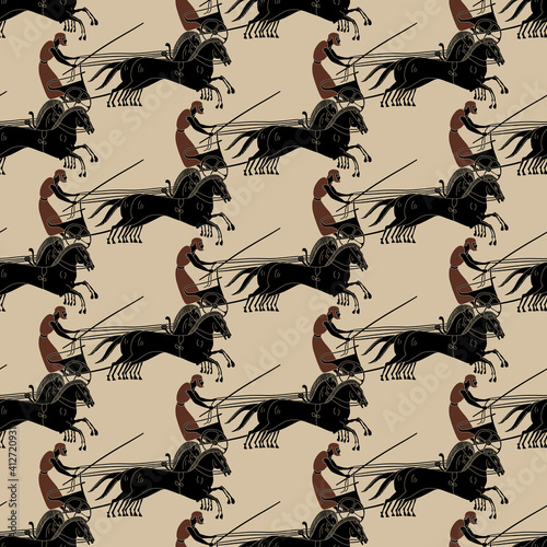 Seamless geometrical monochrome pattern with ancient Greek sport motifs. Chariot with a charioteer and horses. Vase painting style.