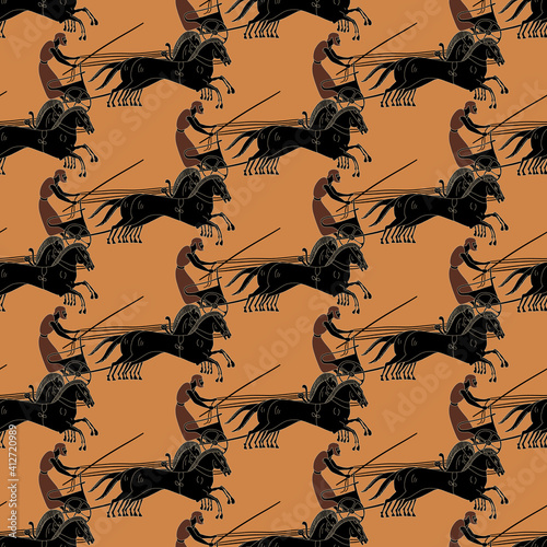 Seamless geometrical pattern with ancient Greek Olympic motifs. Chariot with a charioteer and horses. Vase painting style.
