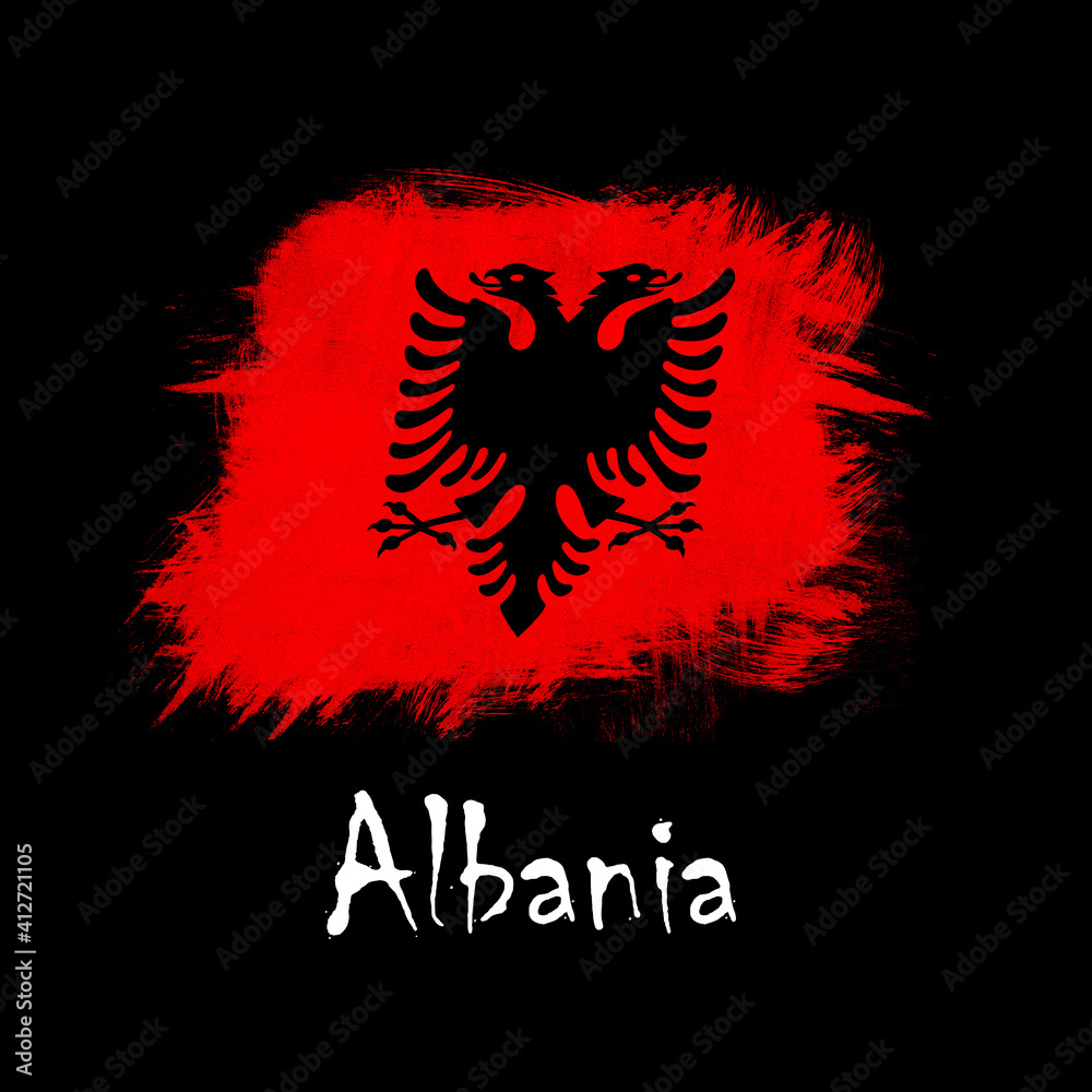 National flag of Albania, abbreviated with al; a realistic 3d image of the national symbol from an independent country painted on a black background with the countryname below