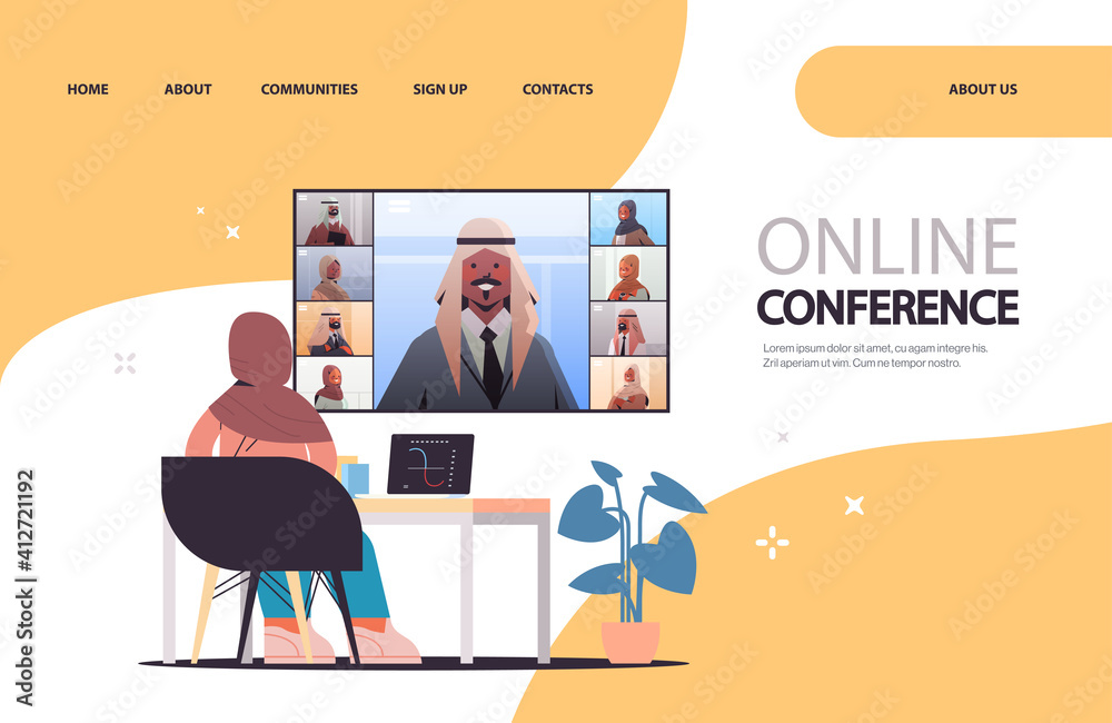 arab businesswoman at workplace discussing with arabic businesspeople during corporate online conference business people having virtual meeting horizontal copy space vector illustration arab businesswoman at workplace discussing with arabic businesspeople during corporate online conference business people having virtual meeting horizontal copy space vector illustration