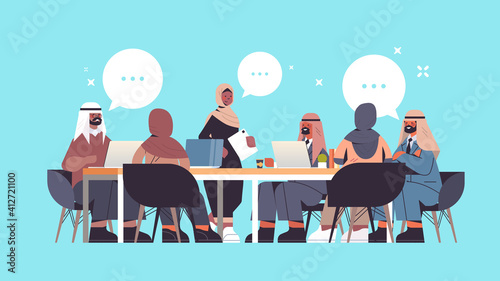 arabic businesspeople group discussing during conference meeting at round table chat bubble communication concept horizontal full length vector illustration