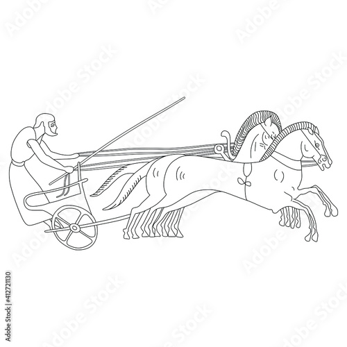 Ancient Greek chariot with a charioteer and horses. Vase painting motif. Black and white linear silhouette.