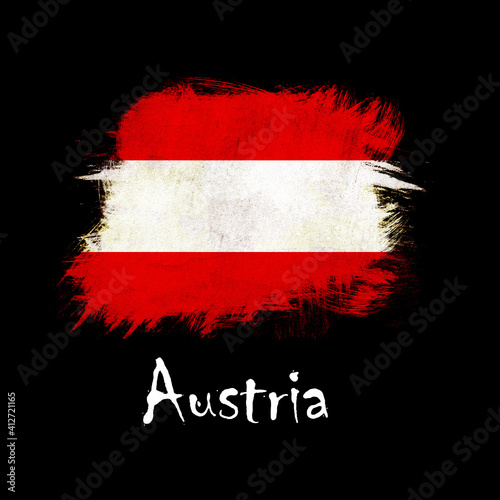 National flag of Austria, abbreviated with at; a realistic 3d image of the national symbol from an independent country painted on a black background with the countryname below photo