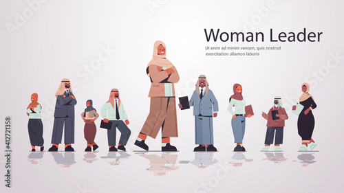 arab businesswoman standing in front of arabic businesspeople team leader leadership concept horizontal full length copy space vector illustration