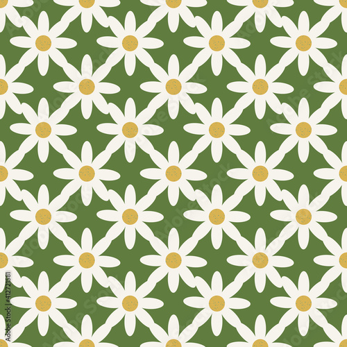 Cream and Green Geometric Daisy Seamless Pattern