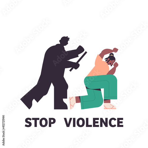 silhouette of angry husband punching and hitting wife stop domestic violence aggression concept full length vector illustration