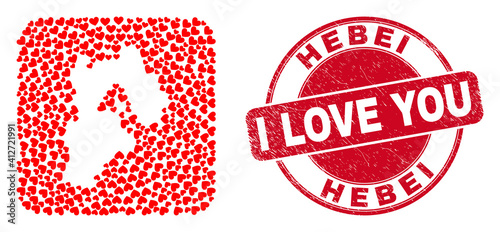 Vector mosaic Hebei Province map of lovely heart elements and grunge love seal stamp. Mosaic geographic Hebei Province map constructed as carved shape from rounded square shape using love hearts.