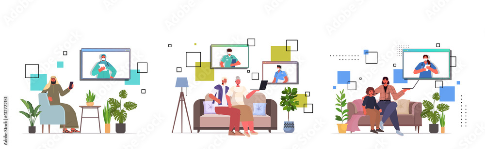 set mix race people discussing with doctors in web browser windows during video call online medical consultation coronavirus quarantine self isolation concept horizontal vector illustration