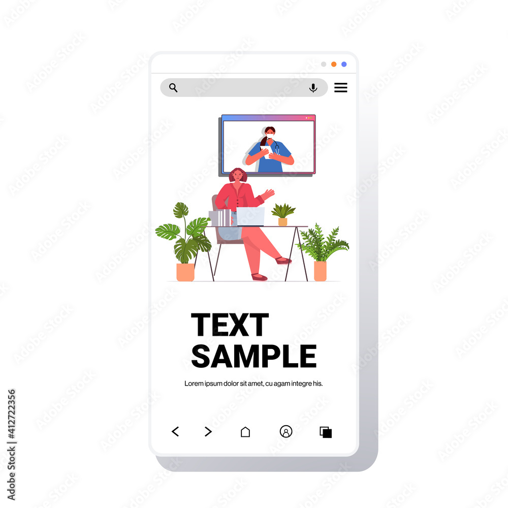 businesswoman discussing with female doctor during video call online medical consultation coronavirus quarantine self isolation concept smartphone screen vector illustration businesswoman discussing with female doctor during video call online medical consultation coronavirus quarantine self isolation concept smartphone screen vector illustration