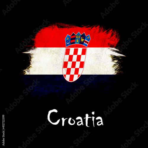 National flag of Croatia, abbreviated with hr; a realistic 3d image of the national symbol from an independent country painted on a black background with the countryname below photo