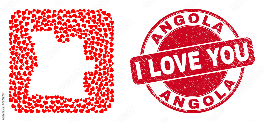 Vector collage Angola map of lovely heart items and grunge love seal. Collage geographic Angola map constructed as carved shape from rounded square shape with lovely hearts. Vector collage Angola map of lovely heart items and grunge love seal. Collage geographic Angola map constructed as carved shape from rounded square shape with lovely hearts.
