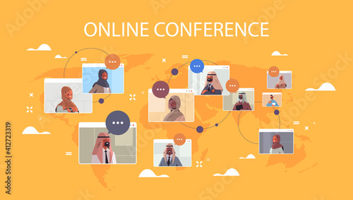 arabic businesspeople in web browser windows discussing during corporate online international conference meeting world map background horizontal portrait vector illustration