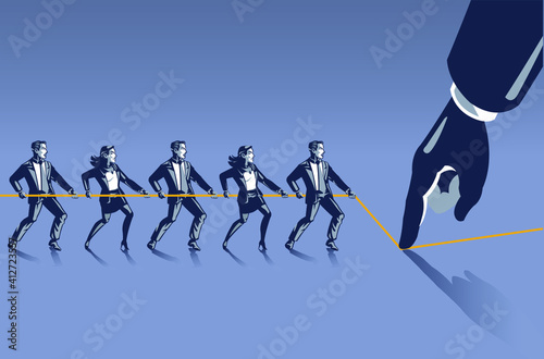 Groups of Business People Fight Against Strong Giant Hand in Tug of War Game Blue Collar Illustration Concept