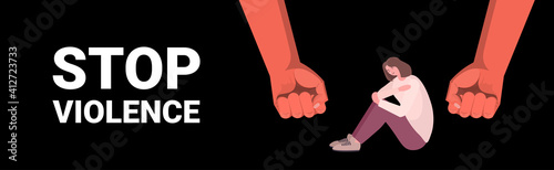 fists over scared terrified woman stop family violence and aggression against women concept full length horizontal vector illustration