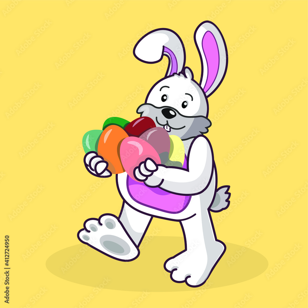 Obraz premium Flat cartoon Easter bunny. Bunny with easter eggs. 