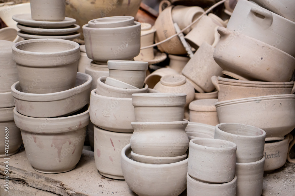 Ceramics on the elaboration process at a traditional factory at the small city of Raquira in Colombia