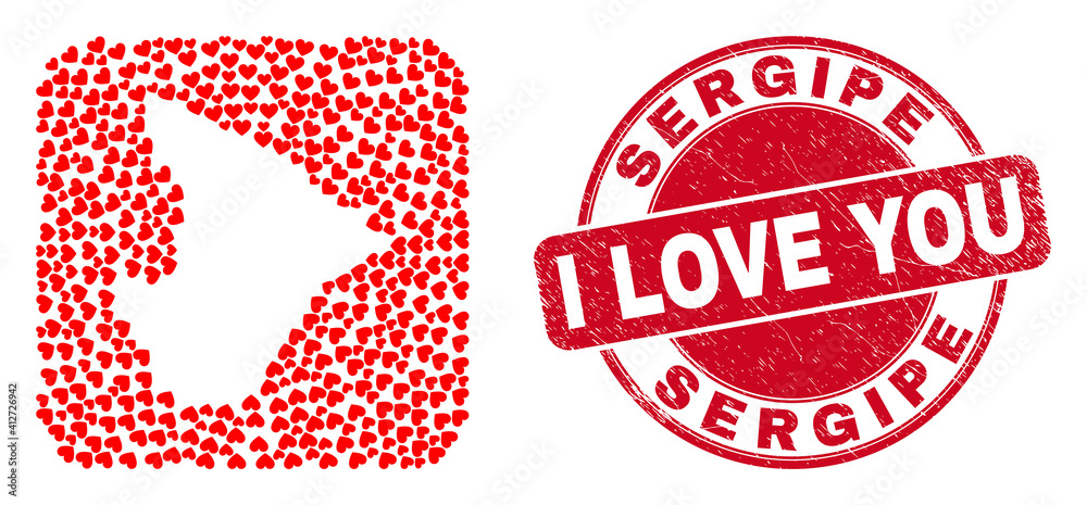 Vector collage Sergipe State map of love heart elements and grunge love seal stamp. Collage geographic Sergipe State map created as stencil from rounded square with love hearts. Vector collage Sergipe State map of love heart elements and grunge love seal stamp. Collage geographic Sergipe State map created as stencil from rounded square with love hearts.