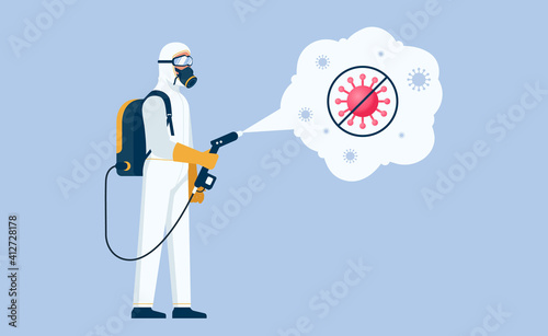 Disinfectant worker wear protective mask and suit sprays coronavirus or covid-19