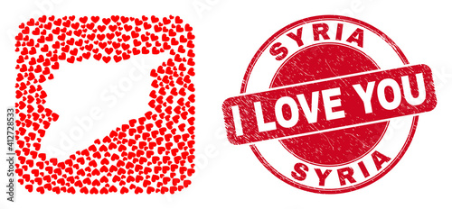 Vector collage Syria map of lovely heart items and grunge love seal. Collage geographic Syria map designed as carved shape from rounded square shape with valentine hearts.