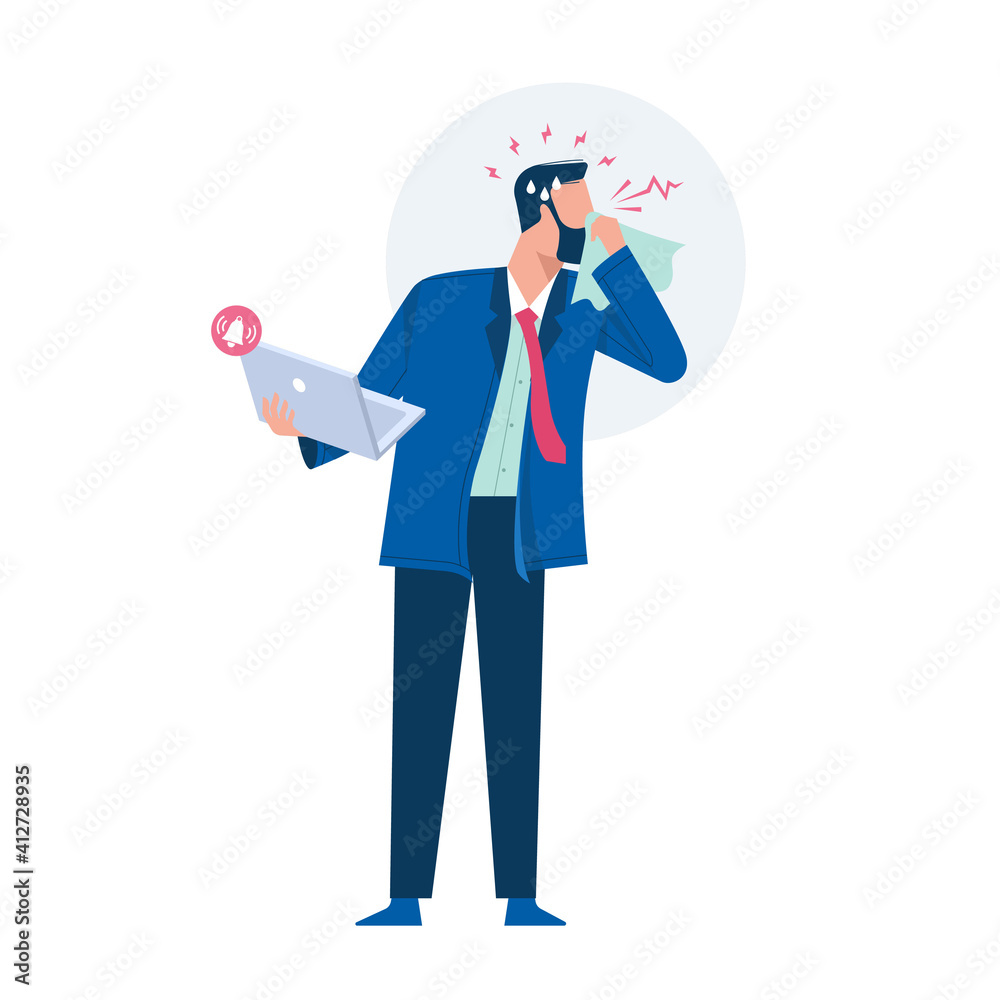 Sick Employee Coming to Work with Laptop. Employee Cough, Influenza, Flu, Virus coming to work. Flat Illustration of Beard male employee with symptoms of virus infection (coronavirus, covid-19) Sick Employee Coming to Work with Laptop. Employee Cough, Influenza, Flu, Virus coming to work. Flat Illustration of Beard male employee with symptoms of virus infection (coronavirus, covid-19)