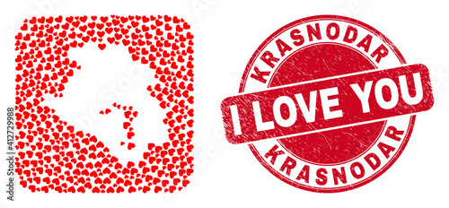 Vector collage Krasnodarskiy Kray map of lovely heart items and grunge love badge. Collage geographic Krasnodarskiy Kray map designed as hole from rounded square shape with love hearts.
