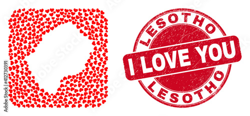 Vector mosaic Lesotho map of lovely heart elements and grunge love stamp. Mosaic geographic Lesotho map designed as carved shape from rounded square shape with love hearts.
